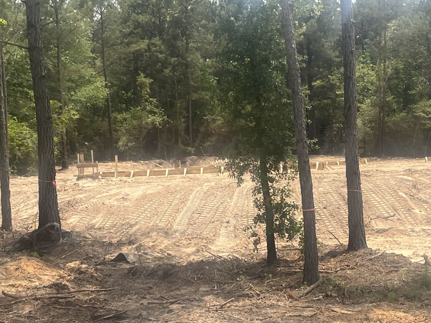 The cleared High Meadow West homesite with foundation forms staked out, framed by tall pines.
